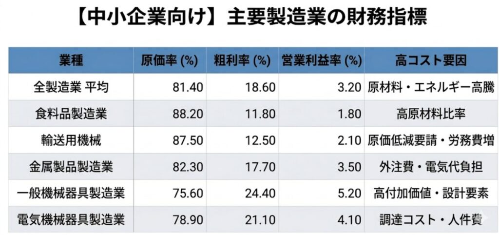 "業種
（中小企業規模）"	売上原価率	"売上高総利益率 
(粗利率)"	"売上高
営業利益率"	主な高コスト要因
全製造業 平均	81.40%	18.60%	3.20%	原材料・エネルギー高騰の継続
食料品製造業	88.20%	11.80%	1.80%	原材料比率が極めて高い
"輸送用機械
（自動車部品等）"	87.50%	12.50%	2.10%	厳しい原価低減要請と労務費増
金属製品製造業	82.30%	17.70%	3.50%	外注加工費および電気代の負担
一般機械器具製造業	75.60%	24.40%	5.20%	高付加価値・設計要素の反映
電気機械器具製造業	78.90%	21.10%	4.10%	部品調達コストと人件費
