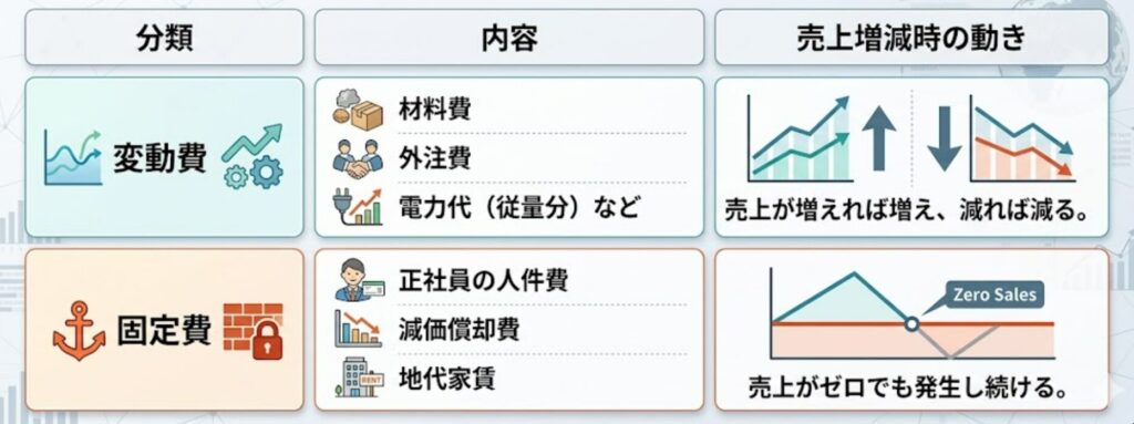 分類	内容	売上増減時の動き
変動費	材料費、外注費、電力代（従量分）など	売上が増えれば増え、減れば減る。
固定費	正社員の人件費、減価償却費、地代家賃など	売上がゼロでも発生し続ける。
