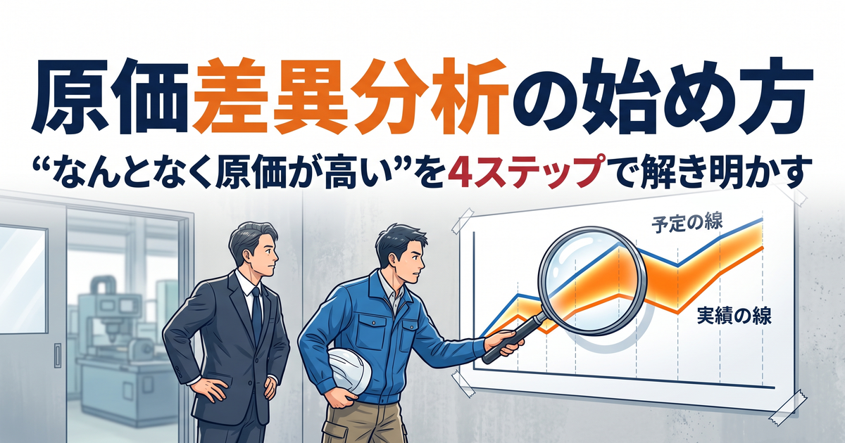 原価差異分析の始め方｜町工場で経営者と工場長が、予定の線と実績の線のズレを虫眼鏡で確認している様子