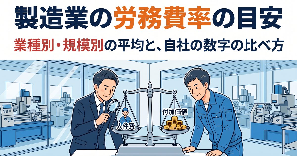 町工場で経営者と工場長が、人件費と付加価値を載せた天秤を虫眼鏡で確かめている「製造業の労務費率の目安」のアイキャッチ画像