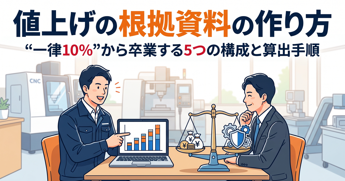町工場の応接スペースで、作業着の社長がノートパソコンの原価グラフを示しながら取引先の購買担当者に値上げの根拠を説明し、天秤でコストと品質価値が釣り合っている様子