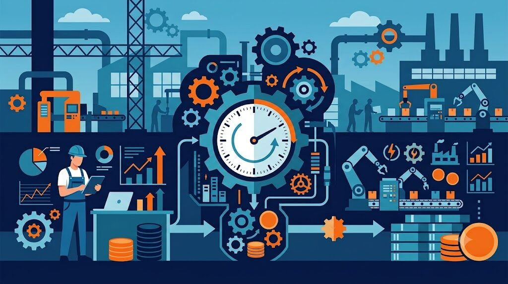 アワーレート（時間チャージ）の計算をイメージした工場・歯車・時計のイラスト