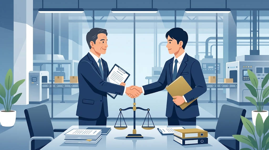 取適法（改正下請法・中小受託取引適正化法）のイメージ、対等に握手する委託事業者と中小受託事業者