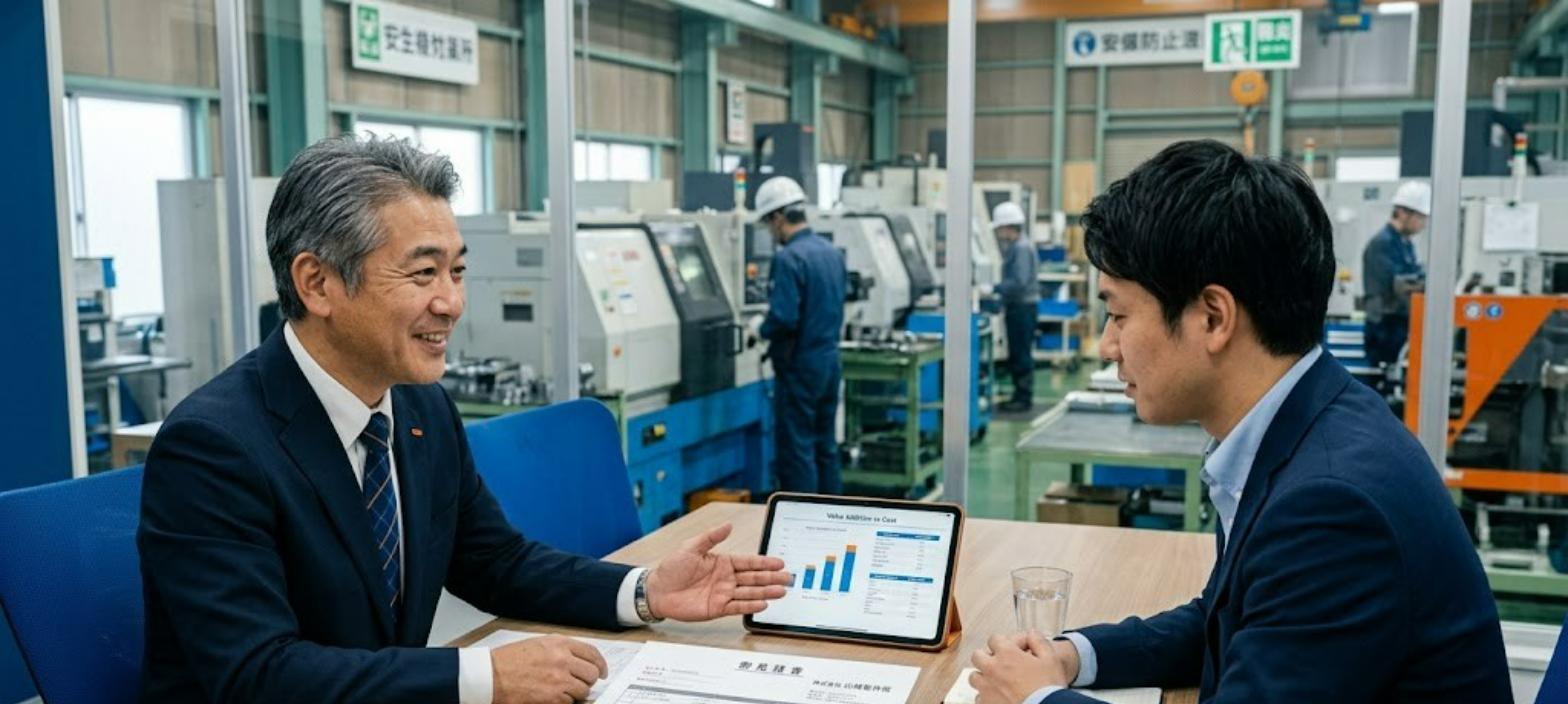 値上げ交渉で打ち合わせる中小製造業の経営者と取引先担当者