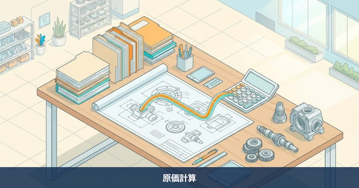 作業台に広げた機械図面と電卓で見積を組み立てる様子を描いたイラスト